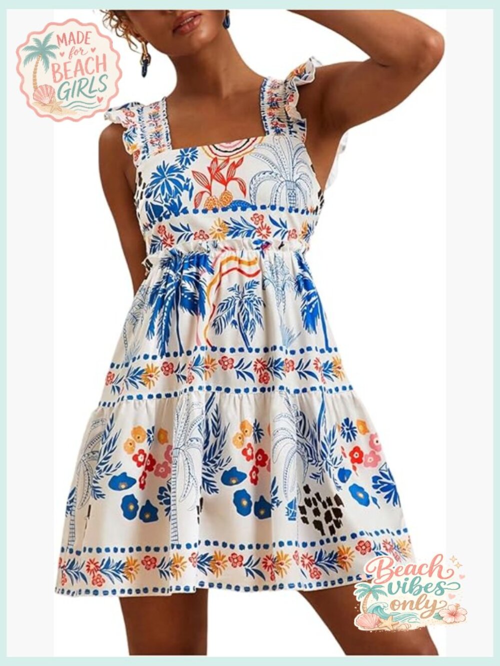 Floral Tropical Graphic Short Dress Boho Ruffle Hem Sleeveless Vacation Tank